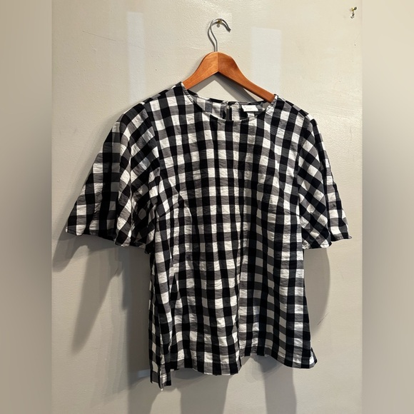 a new day Black and White Plaid Blouse gingham cottage core fall large flutter - Picture 2 of 10